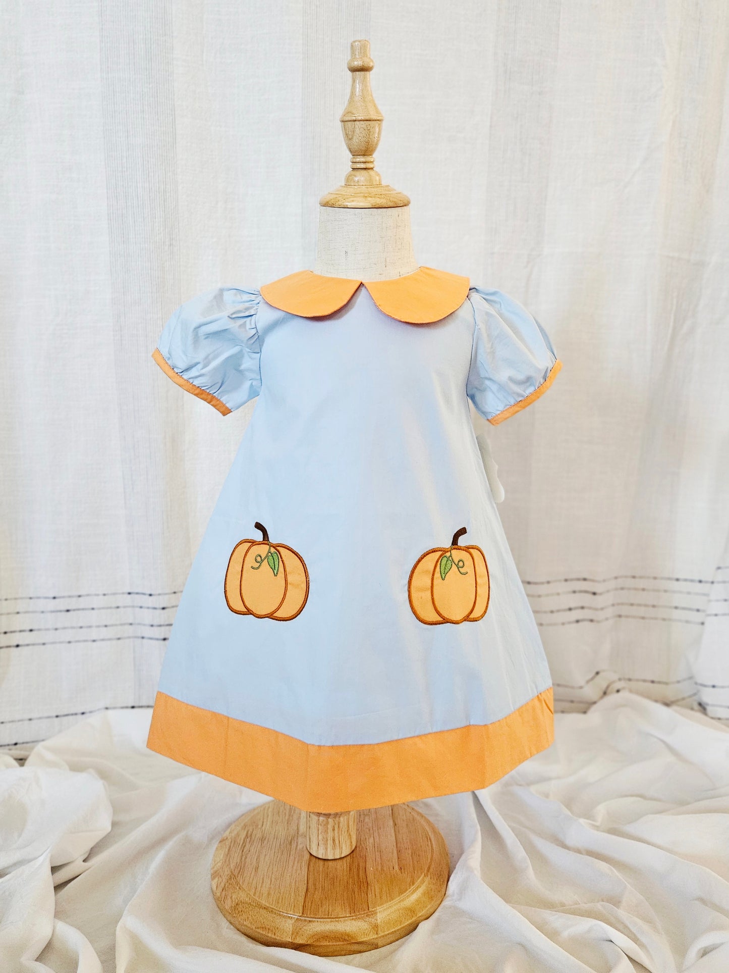 Light Blue Pumpkin Applique Collared Dress