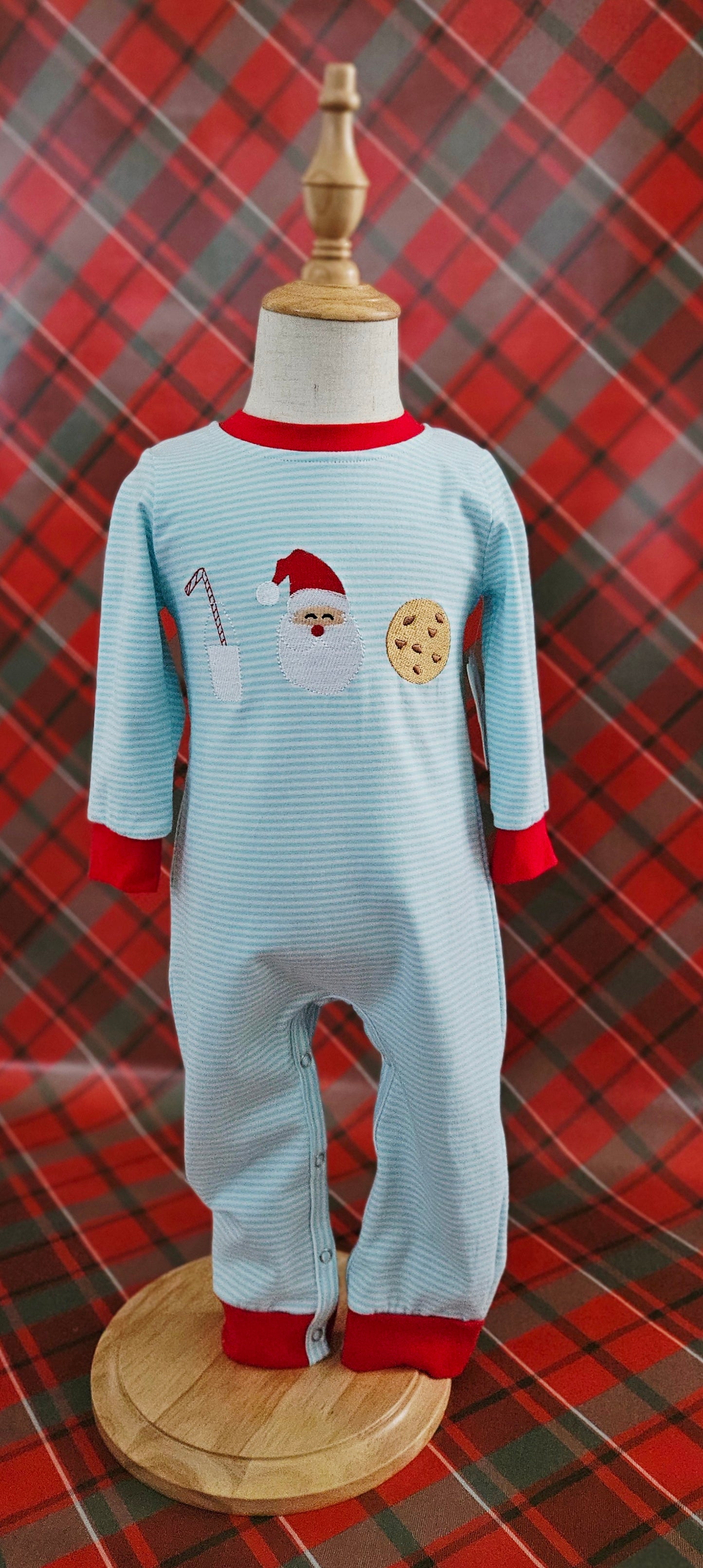 Santa Candy Cane and Cookie Embroidered Baby Boy Striped Romper