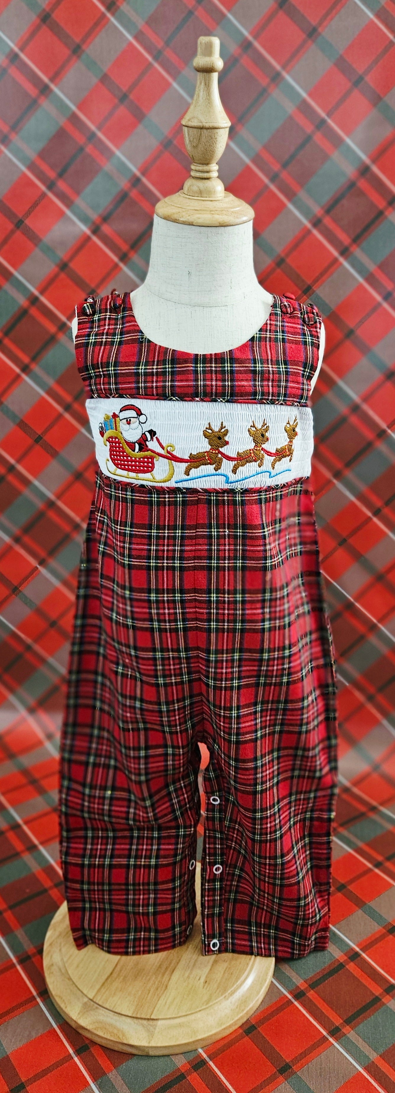 Red Christmas Plaid Santa Sleigh Smocked Overalls