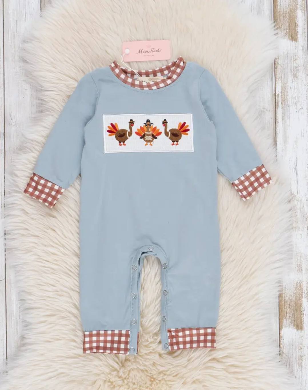Dusty Blue Smocked Turkey Romper