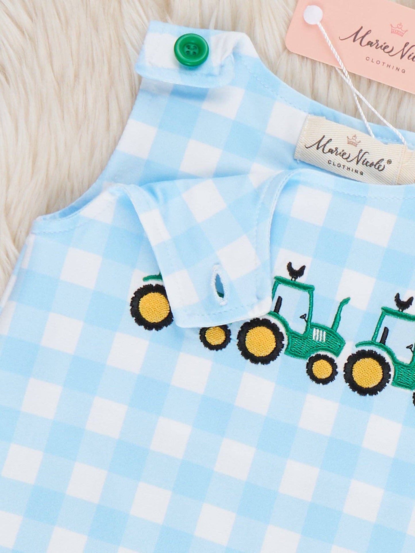 Little Farmer’s Fun Embroidered Plaid Romper