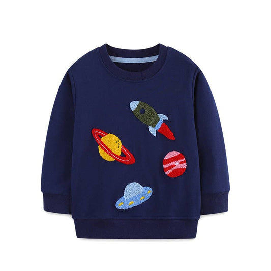 Cartoon Embroidered Kids Sweatshirt Soft Knit Cotton Pullover