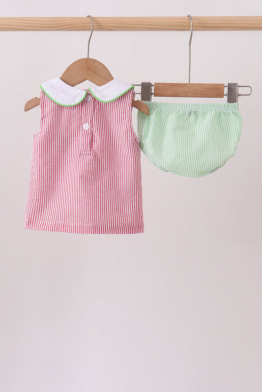 Red stripe watermelon embroidery seersucker bloomer set
