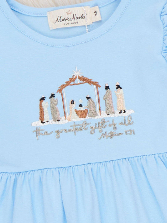 Greatest Gift Nativity Embroidered Plaid Ruffle Dress