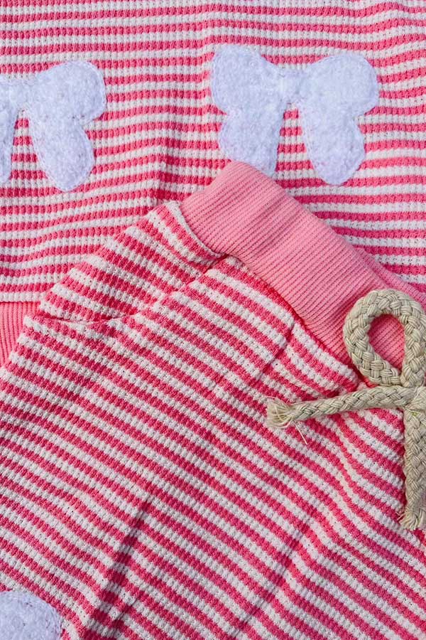 Pink knitted long sleeve top & white bow girls sets 251281M