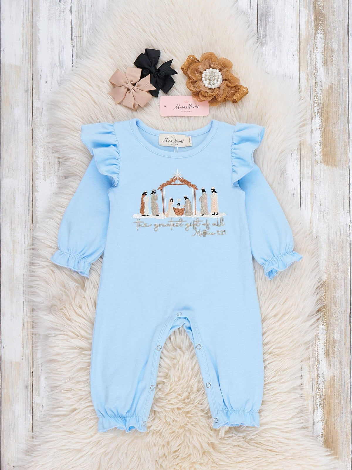 Greatest Gift Nativity Embroidered Ruffle Romper