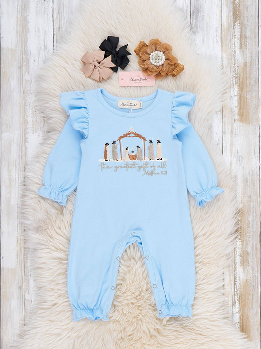 Greatest Gift Nativity Embroidered Ruffle Romper