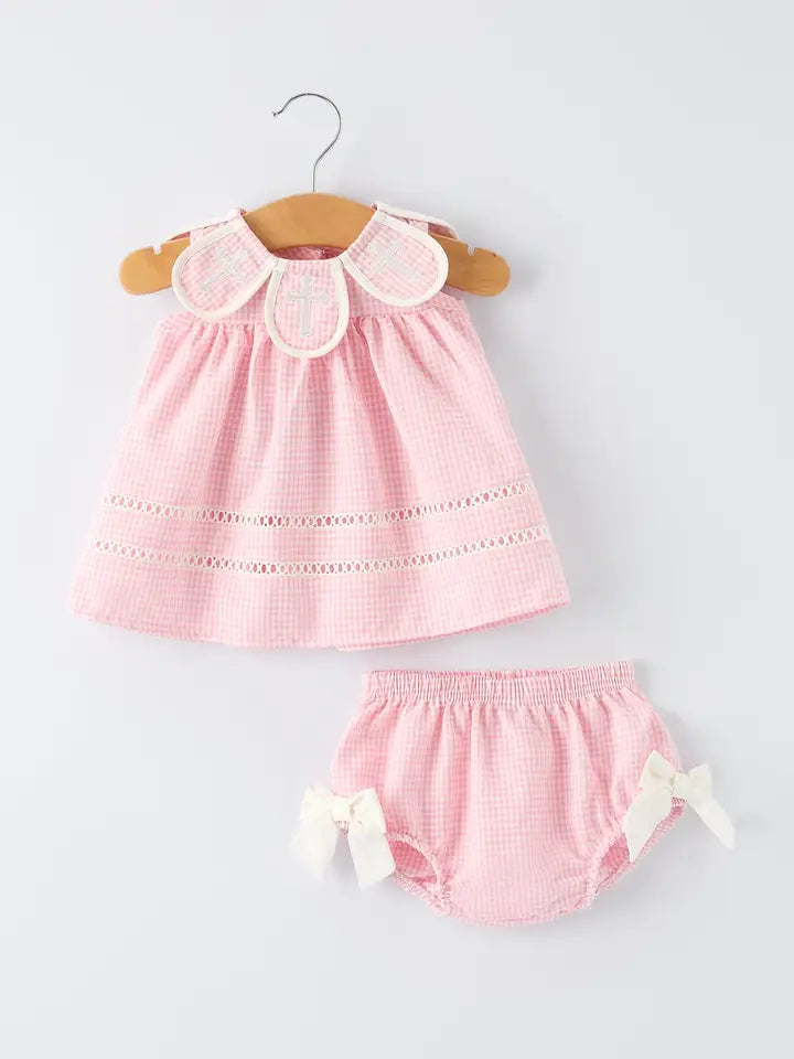Pink Smocked Church Christ Bishop Christening Baby Girls Bloomer Set