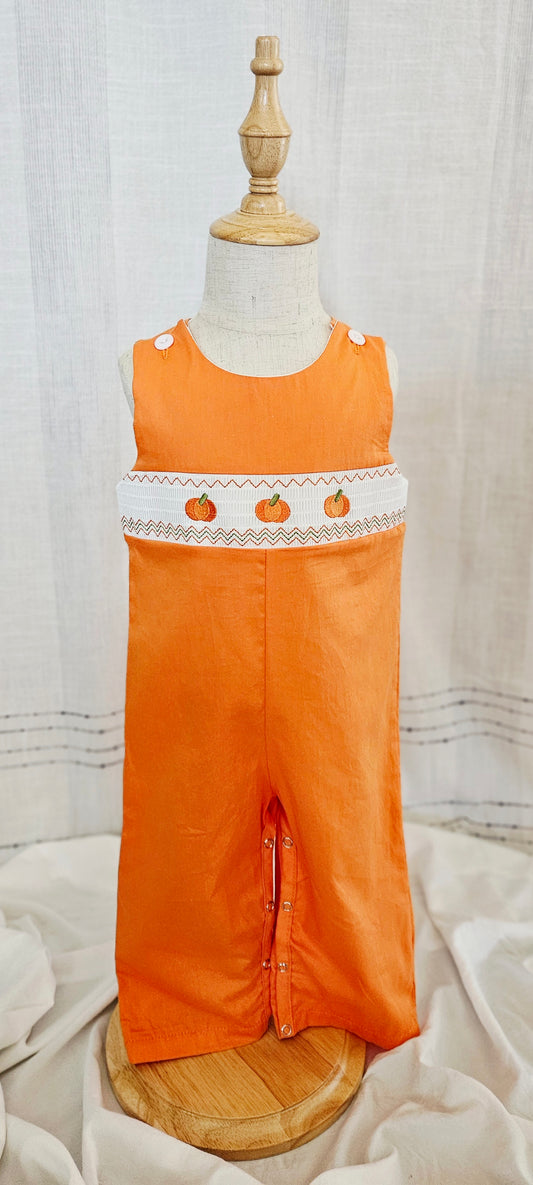 Fall Thanksgiving Orange Pumpkin Smocked Overalls