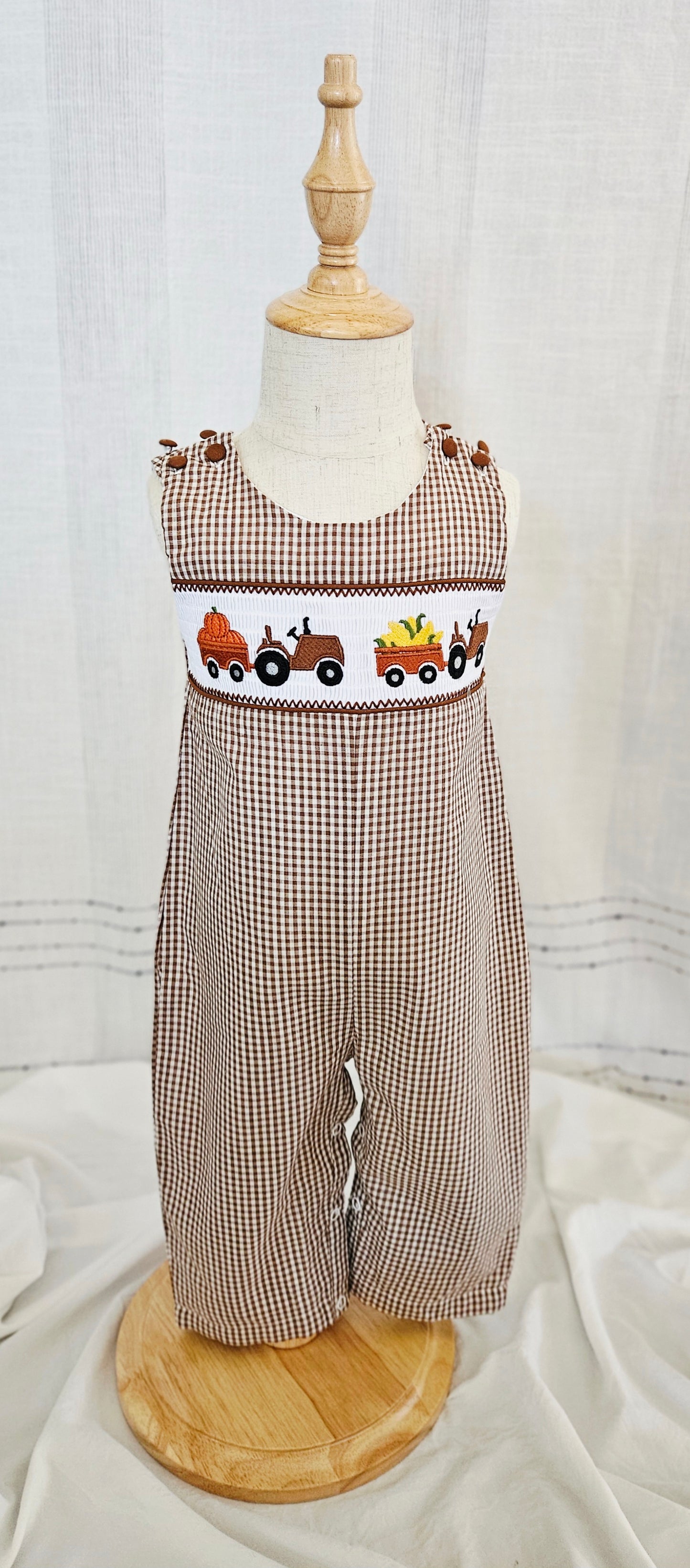 Brown Gingham Pumpkin and Corn Tractor Smocked Overalls