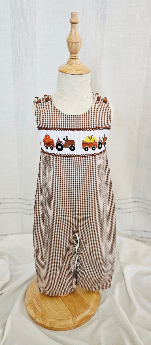 Brown Gingham Pumpkin and Corn Tractor Smocked Overalls
