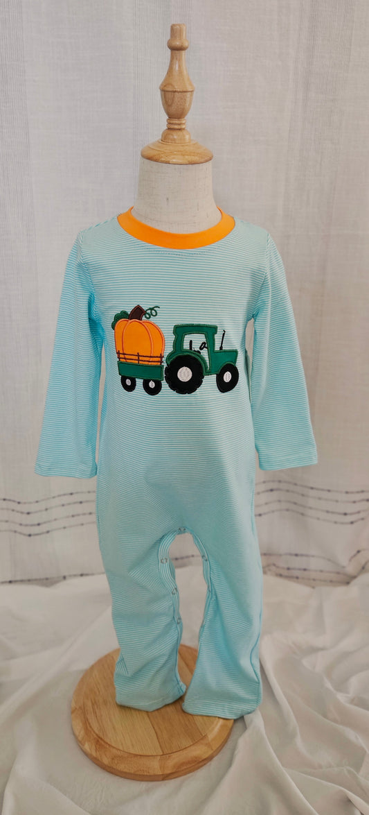 Light Blue Stripes Pumpkin Tractor Romper