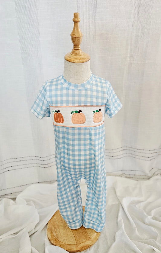 Baby Blue Gingham Pumpkin Romper