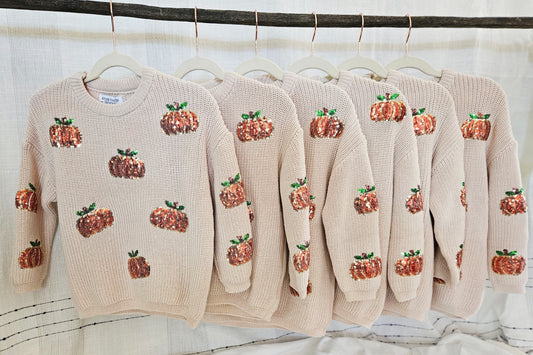 Beige Thanksgiving Pumpkin Sequin Sweater