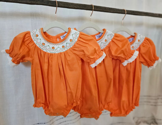 Fall Thanksgiving Orange Pumpkin Smock Embroidered Romper