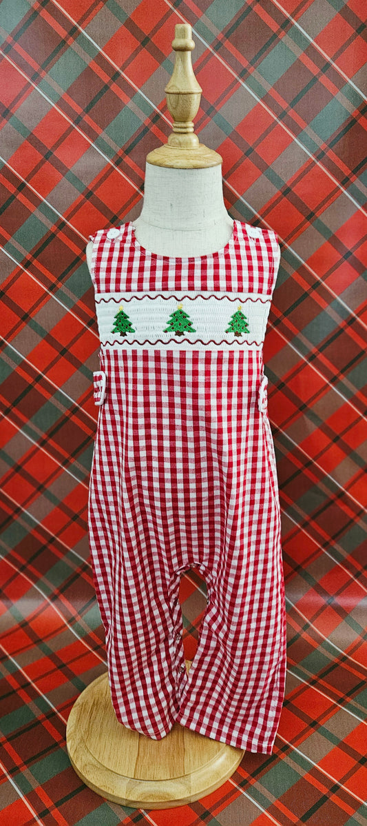Plaid Christmas Tree Smocked and Embroidered Baby Boy Romper