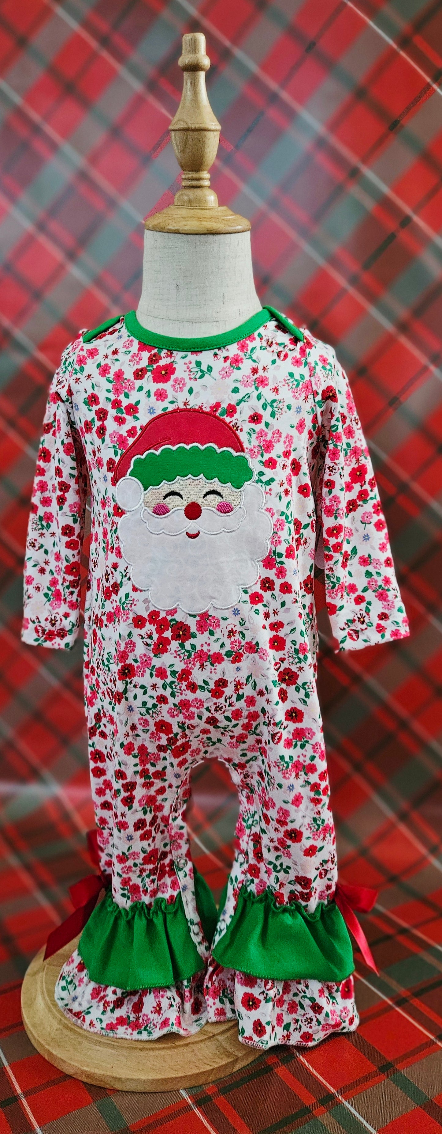 Santa Applique Baby Girl Long Sleeve Ruffle Romper with Bow Ties