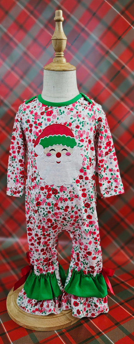 Santa Applique Baby Girl Long Sleeve Ruffle Romper with Bow Ties
