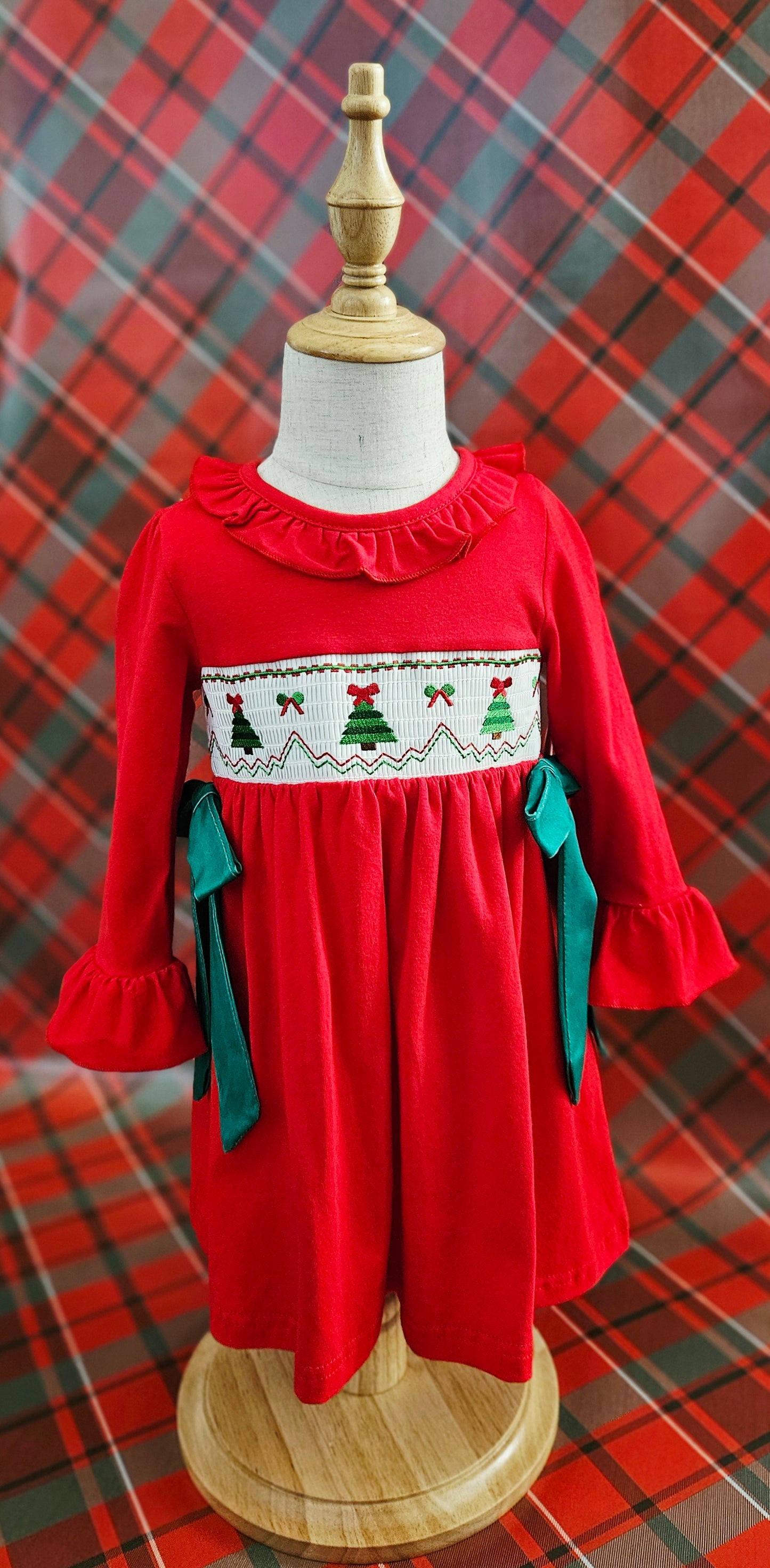 Smocked Christmas Dress with Green Bow and Tree Embroidery