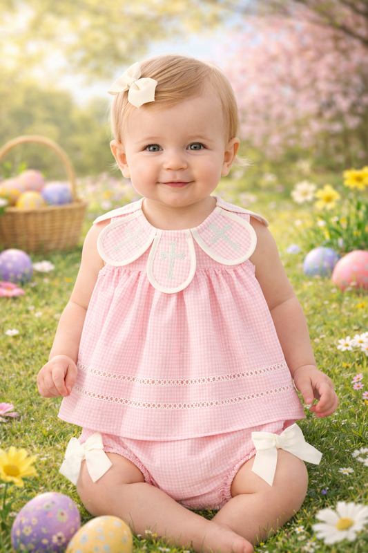 Pink Smocked Church Christ Bishop Christening Baby Girls Bloomer Set