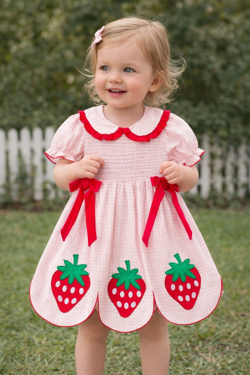 Girls' Plaid Smocked Strawberry Applique Dress