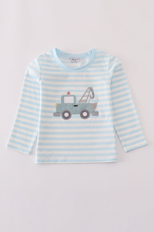 Blue Truck and Crane Applique Boys Stripe Long Sleeve Shirt