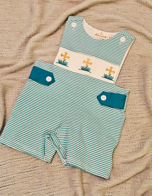 Teal and Tan Embroidered Cross Jon-Jon