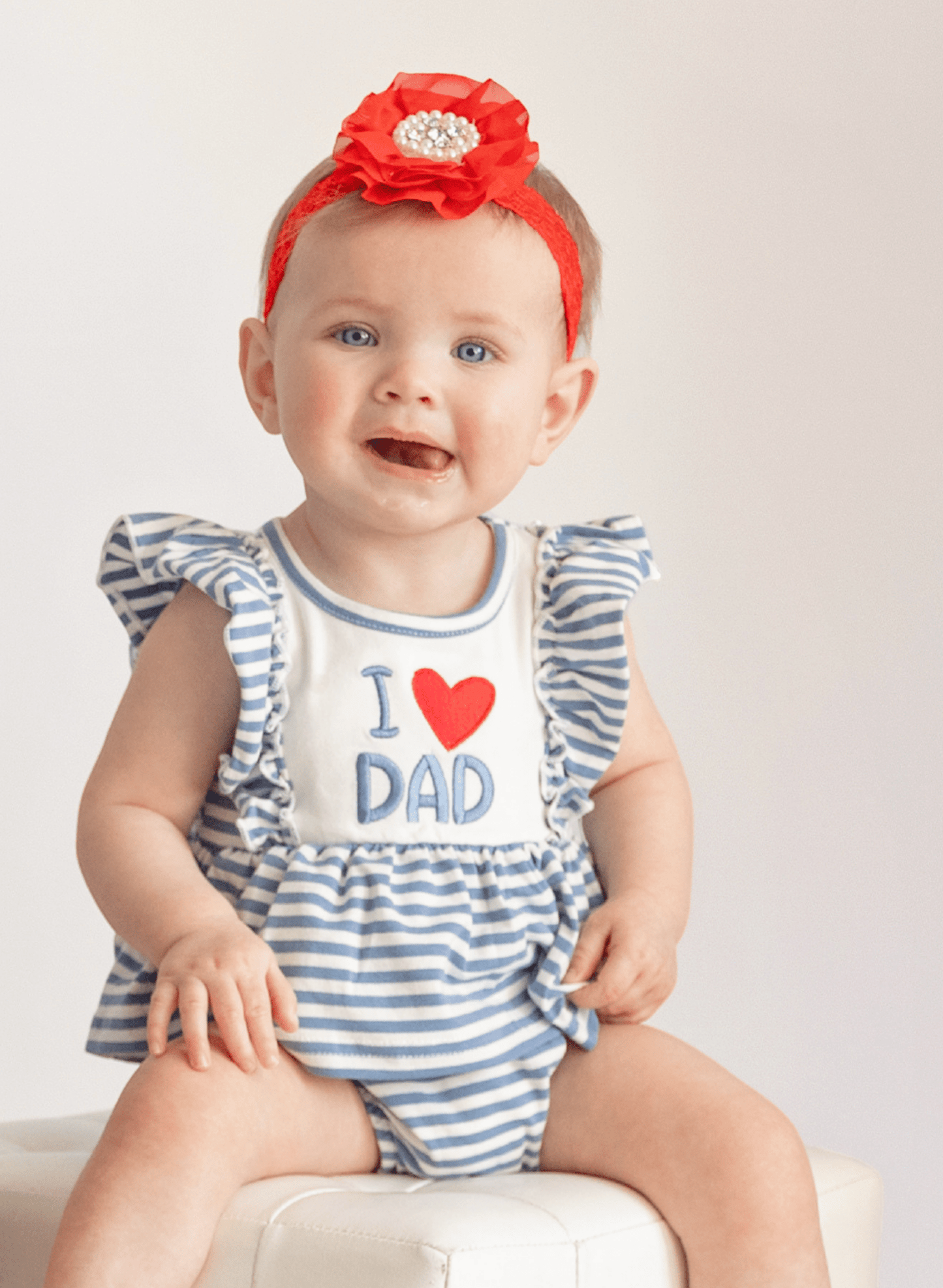 I Love DAD Stripe & Ruffle Embroidered Bubble Romper