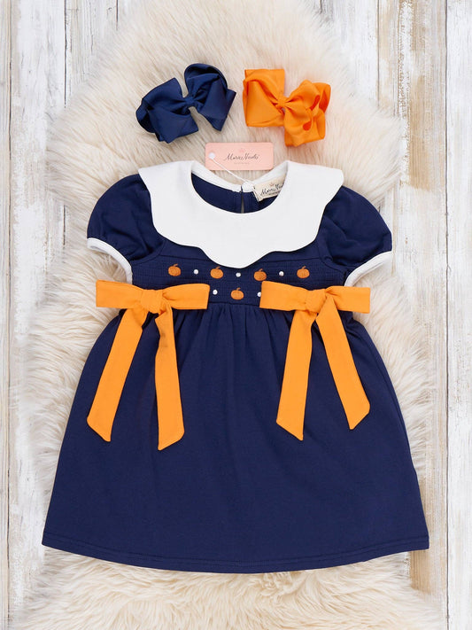 Tiny Pumpkin Bow Embroidered Dress