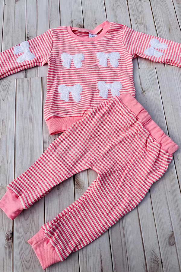 Pink knitted long sleeve top & white bow girls sets 251281M