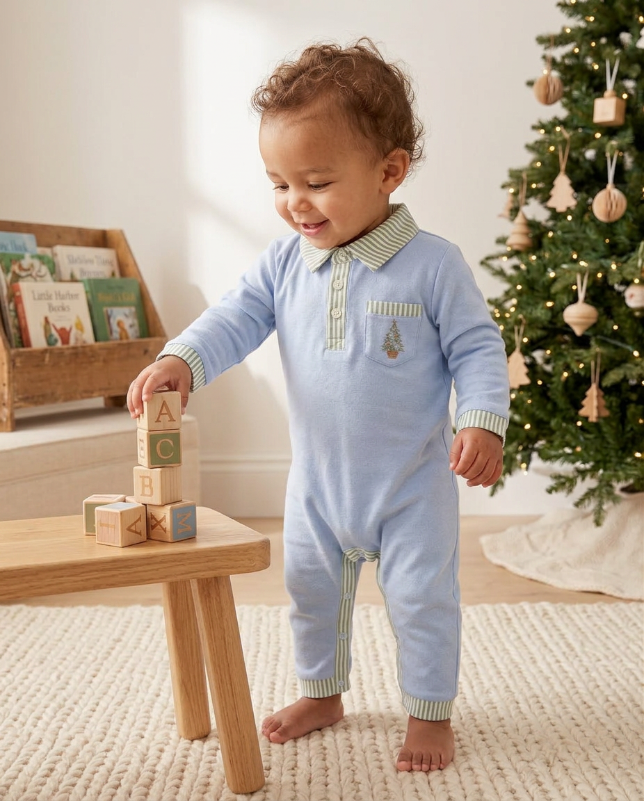Coastal Christmas  embroidered polo romper (part of sibling set)