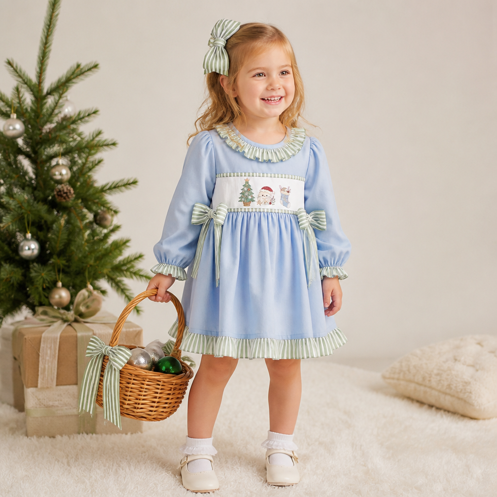 Coastal Christmas embroidered trio dress (part of sibling set)