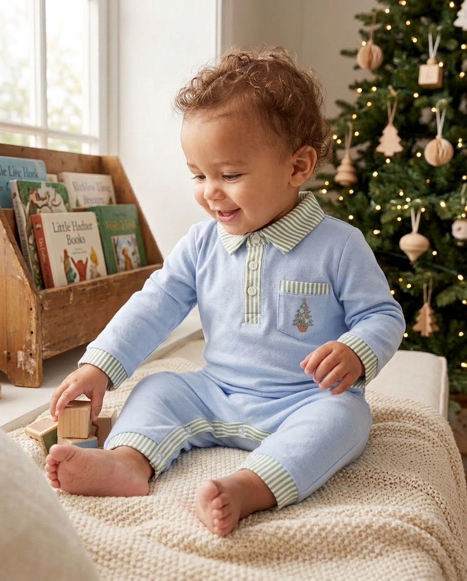 Coastal Christmas  embroidered polo romper (part of sibling set)