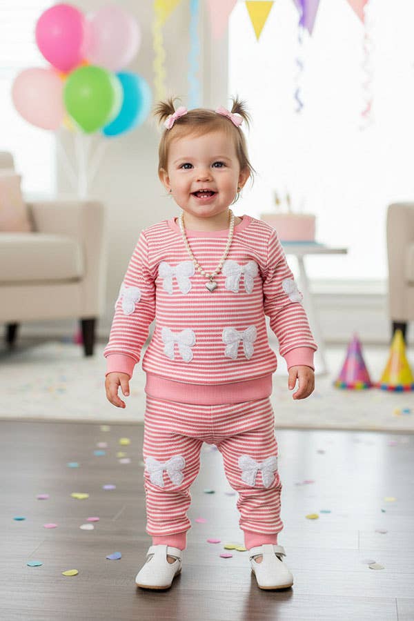 Pink knitted long sleeve top & white bow girls sets 251281M