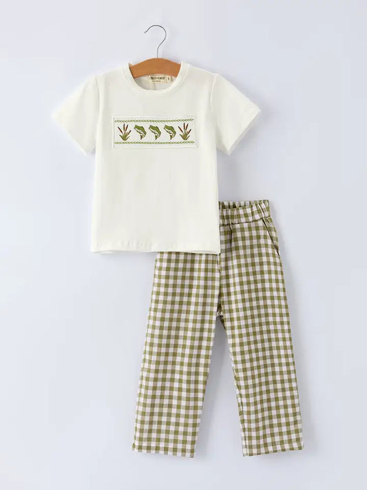 Green Plaid Fish Embroidered Boys Set