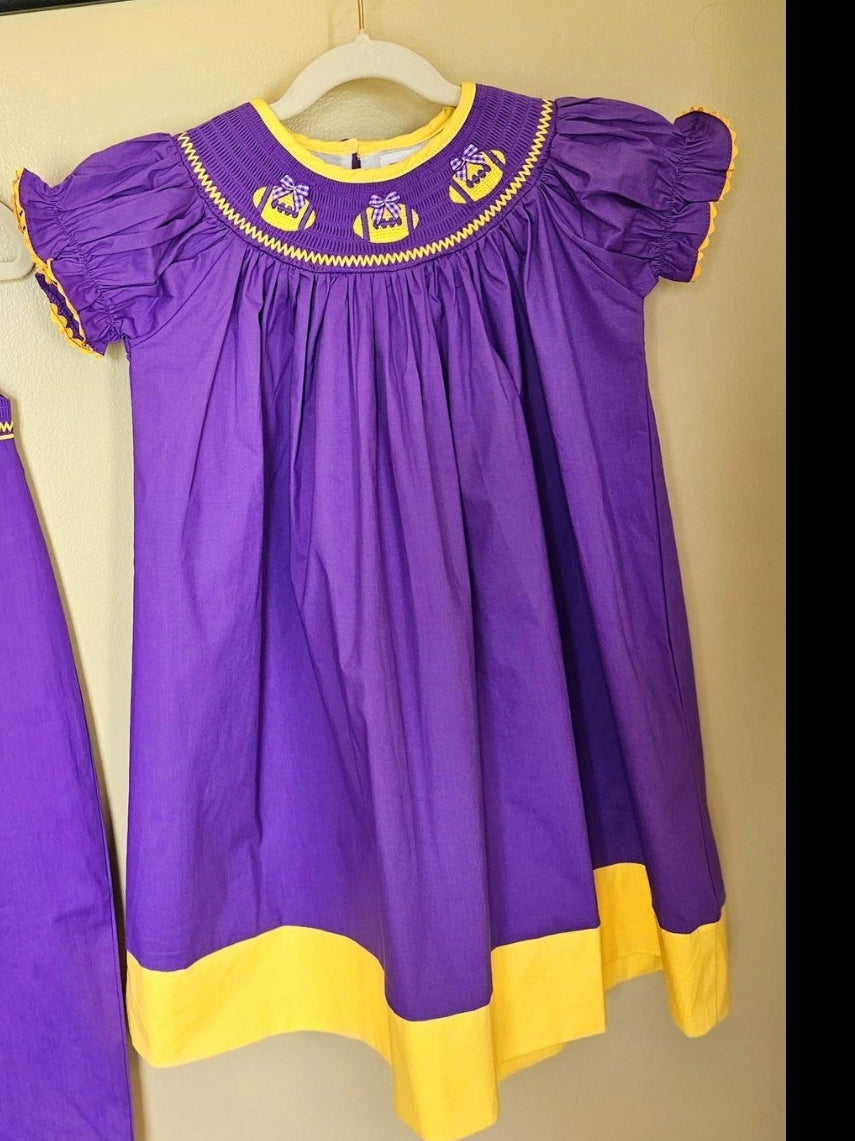 Purple and Gold Football Smocked Bishop Dress