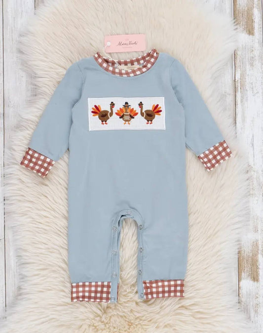 Dusty Blue Smocked Turkey Romper