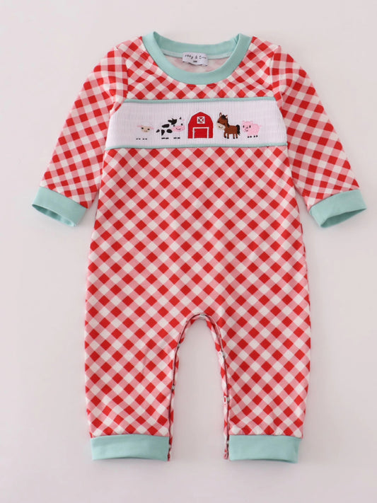 Red Farm Smocked Boys Romper