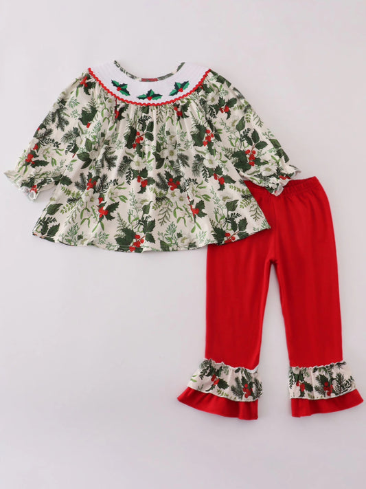 Christmas Holly Floral Smocked Ruffle Pant Set