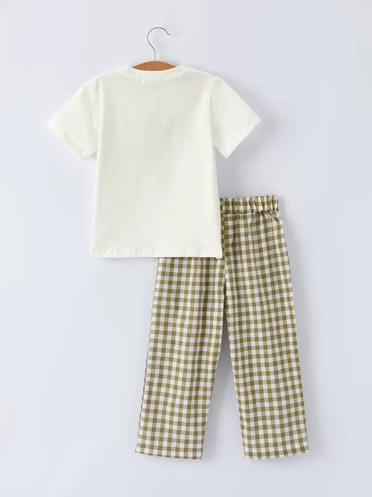 Green Plaid Fish Embroidered Boys Set