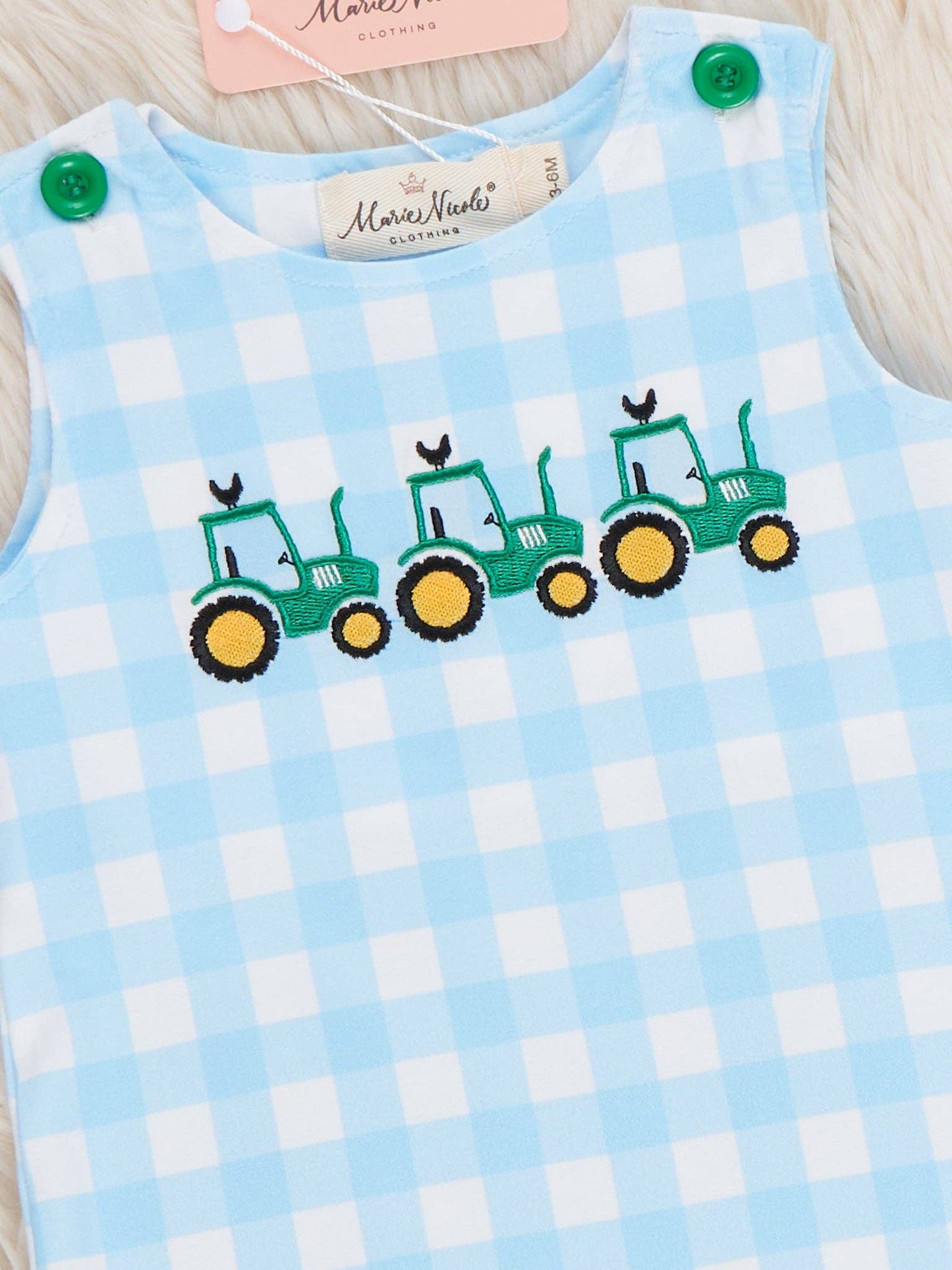 Little Farmer’s Fun Embroidered Plaid Romper