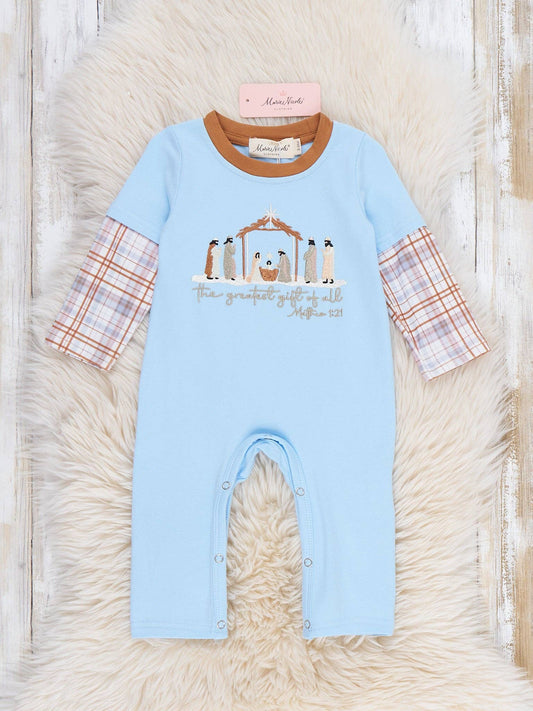 Greatest Gift Nativity Embroidered Plaid Romper