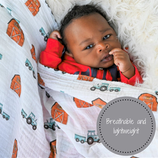 Barn and Tractor Swaddle Muslin Blanket
