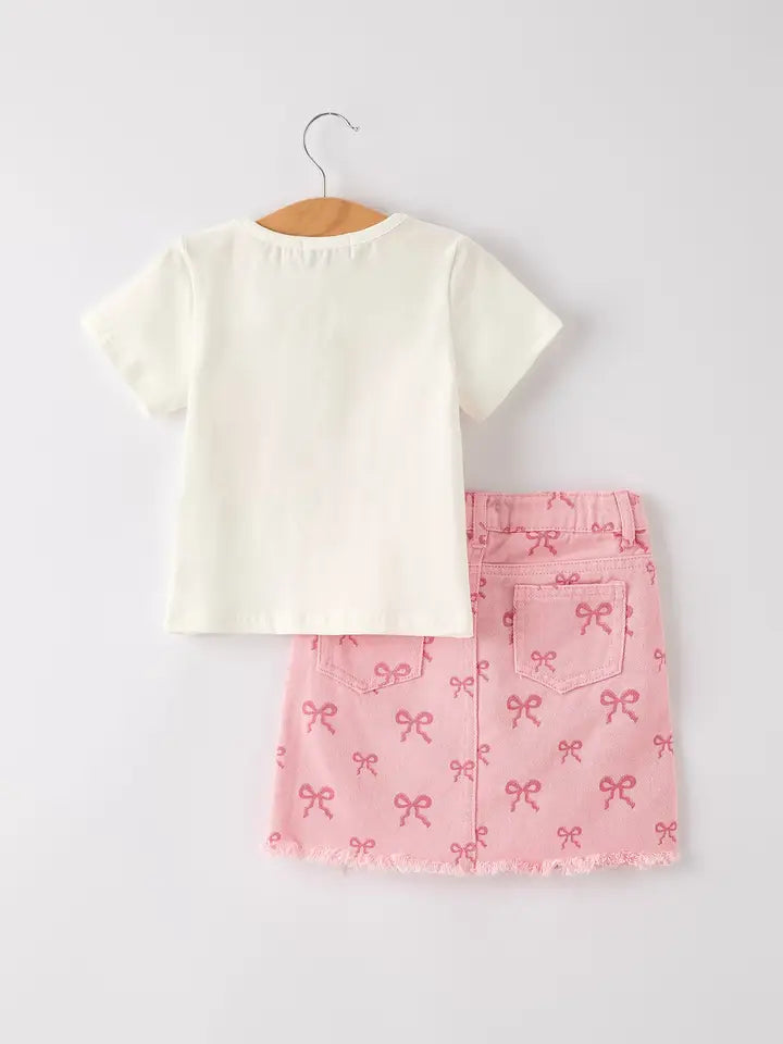 Faith Over Fear Tee with Pink Bow Denim Skirt