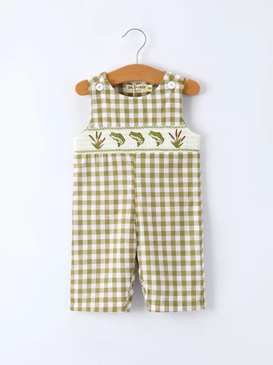 Green Plaid Fish Embroidered/ Smocked Romper Baby Boy