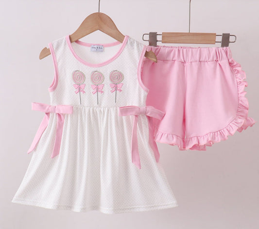 Pink Lollipop Embroidered Ruffle Short Set