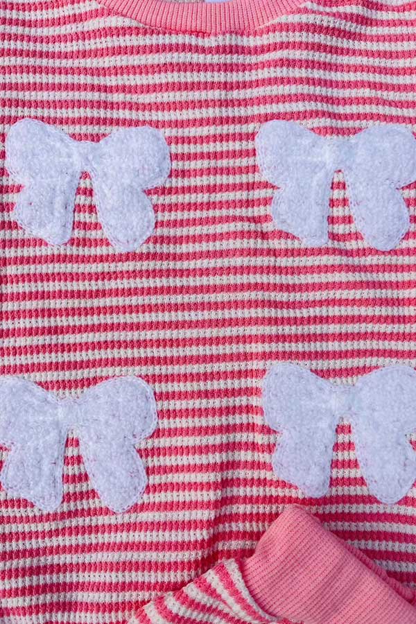Pink knitted long sleeve top & white bow girls sets 251281M