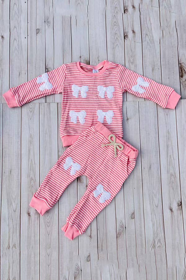Pink knitted long sleeve top & white bow girls sets 251281M