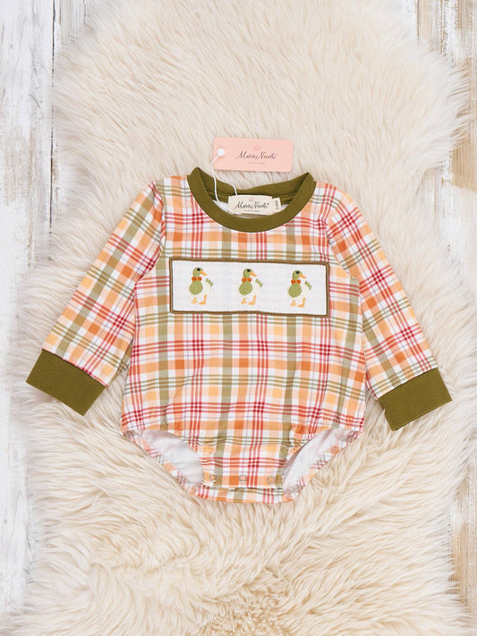 Mallard Duck Embroidered Plaid Romper