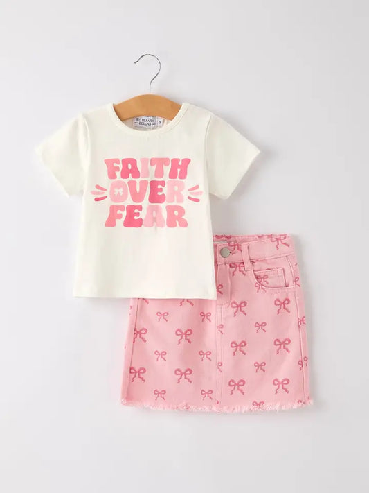 Faith Over Fear Tee with Pink Bow Denim Skirt